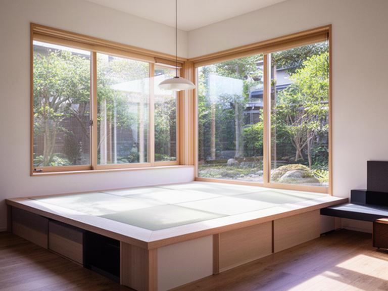 大きな窓と畳の小上がりがある明るい新築住宅の居間