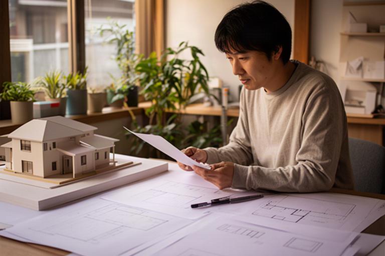 静岡県袋井市の設計室で建築士が住宅相談の資料を確認する様子