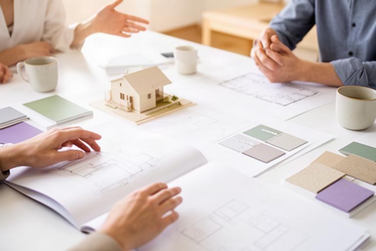 明るい打ち合わせ室で住宅の資料を確認する設計相談の場面