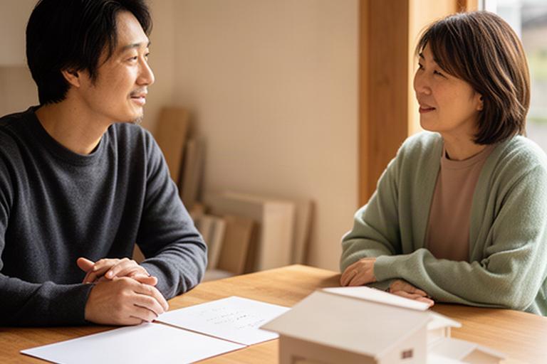 住宅模型と打ち合わせメモを前に話す建築士と相談者
