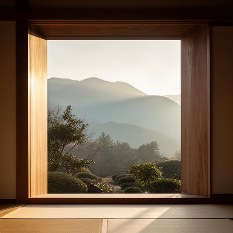 静岡の山並みと木材を使った住宅の開口部に差し込む朝の光