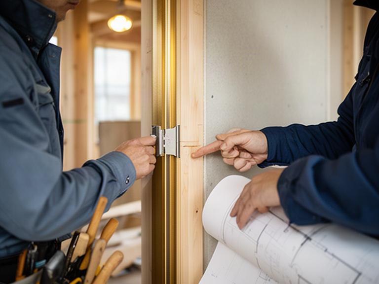 木の建具と壁の納まりを施工現場で確認する設計監理の様子